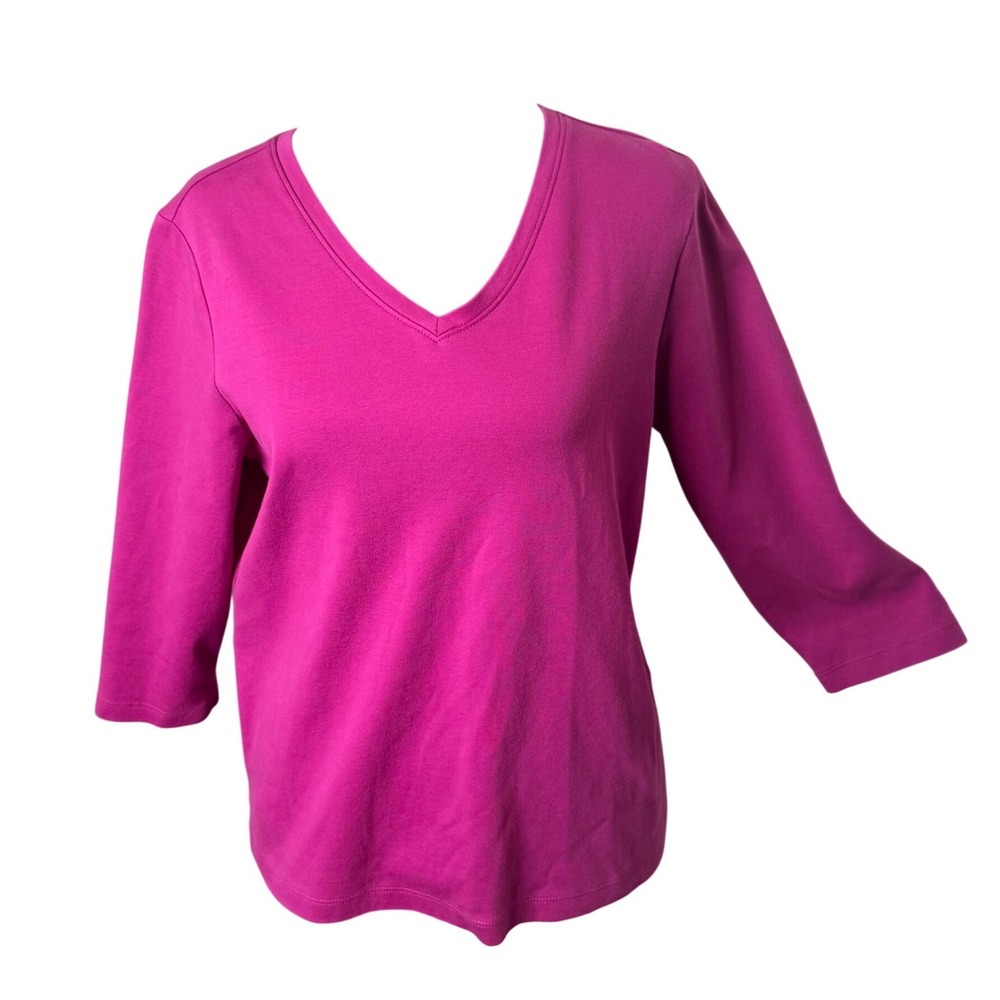 LL Bean Womens V Neck 3/4 Sleeve Tee Shirt Medium Petite Pink Soft Cotton Blend